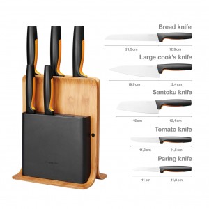 Fiskars Functional Form knivblock i bambu med 5 knivar. (1057552) - Fri frakt