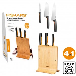 Fiskars Functional Form knivblock i bambu med 3 knivar (1057553) - Fri frakt