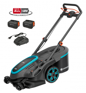 Gardena Batterklippare 18V. Klippbredd: 46 cm. Uppsamlarvolym: 50L. DuoBlade-teknik. (PowerMax Duo 46/36V 4.0Ah P4A  - 14646-20) KOMPLETT. (2x4,0Ah batteri + snabbladdare P4A AL 1830 CV. - Fri frakt