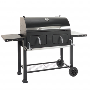 Landmann kolgrillsvagn XXL (Art.11515). Grillyta: 79,5x42 cm. Gjutgjärnsgaller. Höj- och sänkbart emaljerat koltråg x2. Påfyllningslucka för kol x2. Svart. - Fri hemleverans