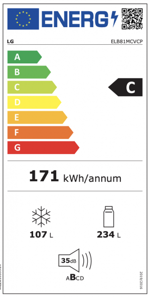 Energidekal LG Kombinerad kyl/frys. 1,86M. 341L. DoorCooling. Energiclass C. Matte svart. (ELB81MCVCP) - Fri hemleverans