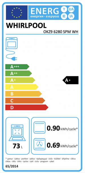 Energidekal Whirlpool inbyggnadsugn. 60 cm. 73L. Självrengörande med Pyrolys. Vit. (OKZ9 6280 SPM WH) Fri frakt. - 2 års garanti