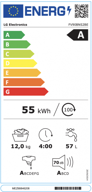Energidekal LG Tvättmaskin .12 kg(Svart) - Steam+, Energiklass A, , TurboWash360, AI DD, Smart Diagnosis med Wi-Fi (FV90BNS2BE) - Fri hemleverans