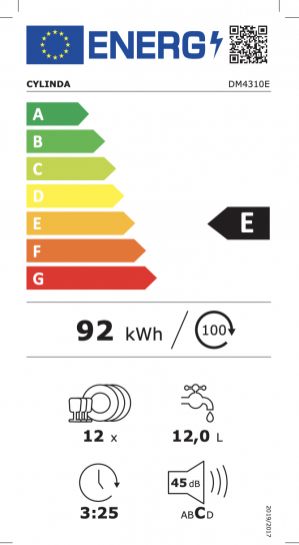 Energidekal Cylinda Underbyggd diskmaskin. 57,5 cm. Vit. 12 kuvert. Höj och sänkbar korg. (DM4310E - 10839347) Fri frakt, omgående hemleverans. - 2 års garanti
