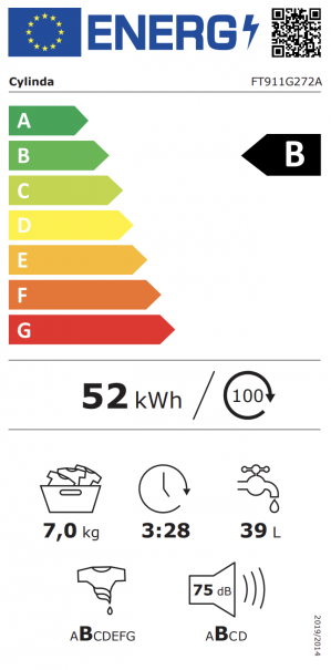 Energidekal Cylinda frontmatad tvättmaskin. 7kg. 44 cm djup. 12 program. Touchdisplay. Energiklass B. Vit. (FT911G272A) Fri hemleverans. - 2 års garanti.