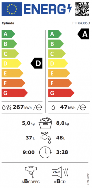 Energidekal Cylinda frontmatad kombinerad tvätt & tork. 8/5kg. 1400 v/min. Energiklass A&D. Vit. (FTTK4385D - 10842494) Fri hemleverans. - 2 års garanti