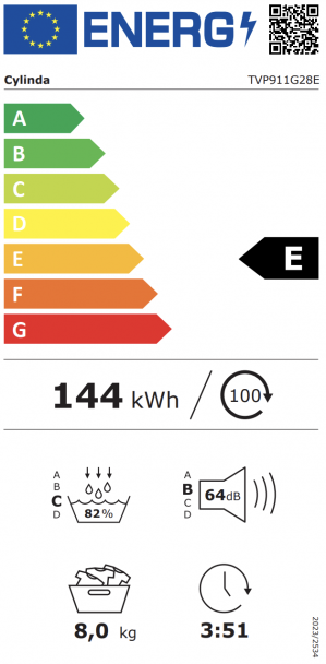Energidekal Cylinda Torktumlare. 8kg. 55 cm djup. 15 program. Innerbelysning. Energiklass E. Vit. (TVP911G28E - 10844949) Fri hemleverans. - 2 års garanti