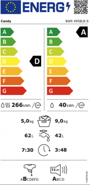 Energidekal Candy Kombinerad tvättmaskin & torktumlare. Tvätt: 9kg. Tork: 5kg. 55L. 1400rpm. Wi-Fi. 54cm djup. 15 program. (ProWash/Dry 500 9+5Kg - BWR 495BL8-S) - 2 års fabriksgaranti. Fri frakt