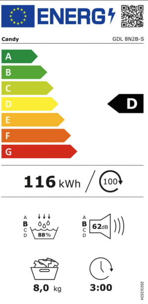 Energidekal Candy Värmepumpstumlare. 8kg. 100L. Antal program: 16. Energiklass Tork: D. Vit. (ProDry 300 8Kg - GDL 8N2B-S) - 2 års fabriksgaranti.